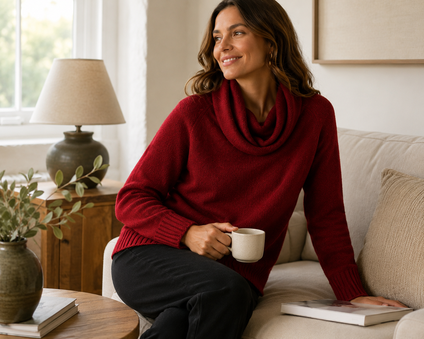 Luna Cable Knit Coltrui in Rood - Lifestyle