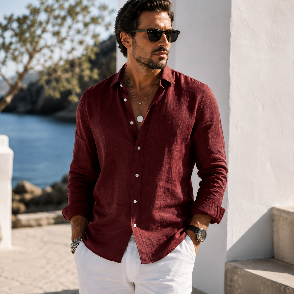 Oxford Cotton Button-Up Shirt in Burgundy - Lifestyle