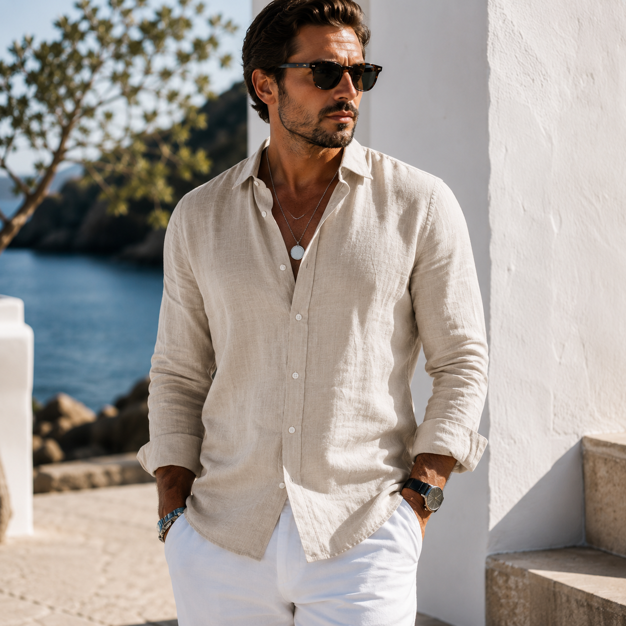 Oxford Cotton Button-Up Shirt in Khaki - Lifestyle