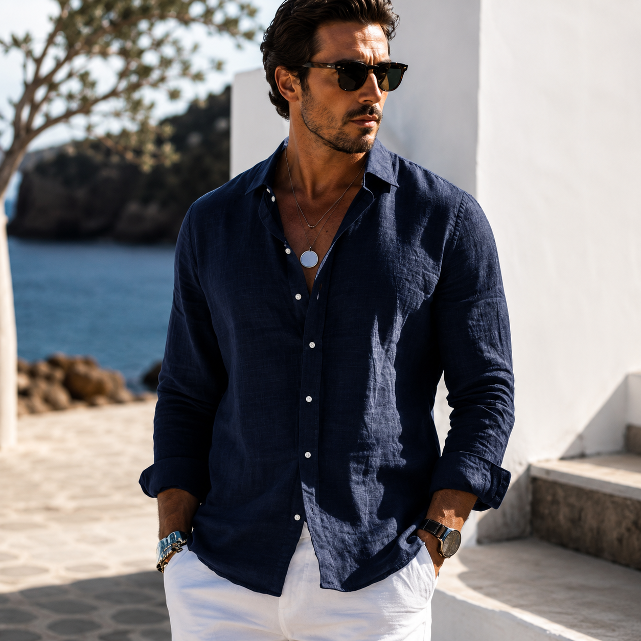 Oxford Cotton Button-Up Shirt in Navy - Lifestyle